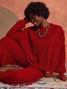 Bóhologie Cozy Yet Chic Fringe Drama Knit Co-Ord – Red Textured Sweater And Wide-Leg Pants Set,Petite,Winter Clothes