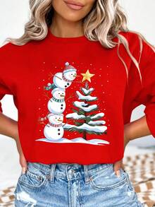 EMERY ROSE sweat-shirt décontracté à manches longues avec imprimé bonhomme de neige de style de rue pour femmes, automne/hiver - Rouge - Voir 3
