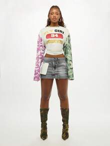 SUMWON WOMEN Deconstructed Denim Mini Skirt With Contrast Panel Detail Casual Street Style Bottom - Light Grey - View 5