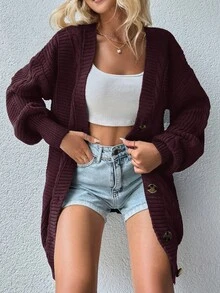 EURMUSE 1pc Women's Casual Daily Loose Single Button Drop Shoulder Cardigan, Autumn/Winter - Red Violet - View 5
