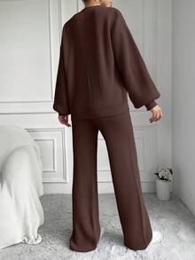 EURMUSE 2pcs/Set Women Solid Color Loose Knit Sweater And Wide Leg Pants - Brown - View 2