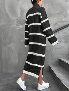 EURMUSE Women Frenchy Black And White Striped Turtle Neck Knit Dress,Petite - Dark Grey - View 2