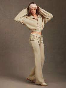 L'Amorae 女式纯色半拉链长袖上衣和打结长裤休闲两件套 - 杏色 - 查看 2