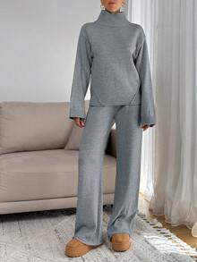 EURMUSE Women Relaxed Fit Turtle-Neck Sweater With Rib Knit Detailed And Straight Knit Pant Set - Grey - View 6