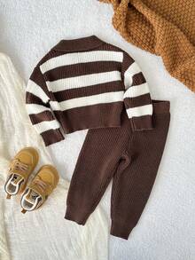 SHEIN Playful Pals Toddler Boys' Sweater Set, Striped Knit Pullover And Pants 2 Pieces Outfit, Loose Fit, Suitable For Autumn And Winter Autumn And Winter Two Piece Suit Baby Boys Outfit Baby Boy Knitted Set Brown Baby Boy Outfit Knit Two Piece Toddler - Multicolor - View 2