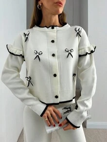 EURMUSE French Sweet Style Knit Cardigan Sweater Jacket For Women, With Embroidered Design, Paired With Flare Leg Pants, Autumn,Loungewear Set,Winter Co Ord Set,Co Ord,Winter Clothes,Knitted Co Ord Set - White - View 7