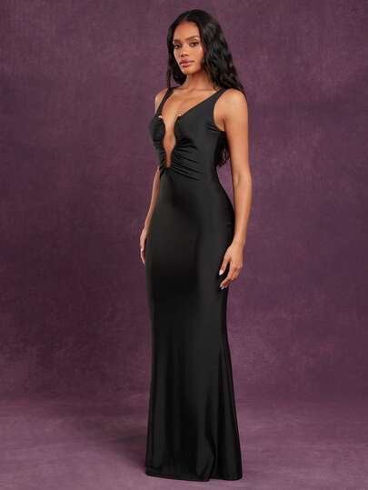 Hauture Vestido largo de sirena con detalle de adorno, escote bajo y drapeado para fiesta y cóctel, sexy para mujer