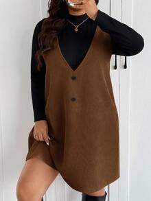 SHEIN Frenchy 2件套大码女式无袖背心和长袖衬衫 - 摩卡棕 - 查看 1