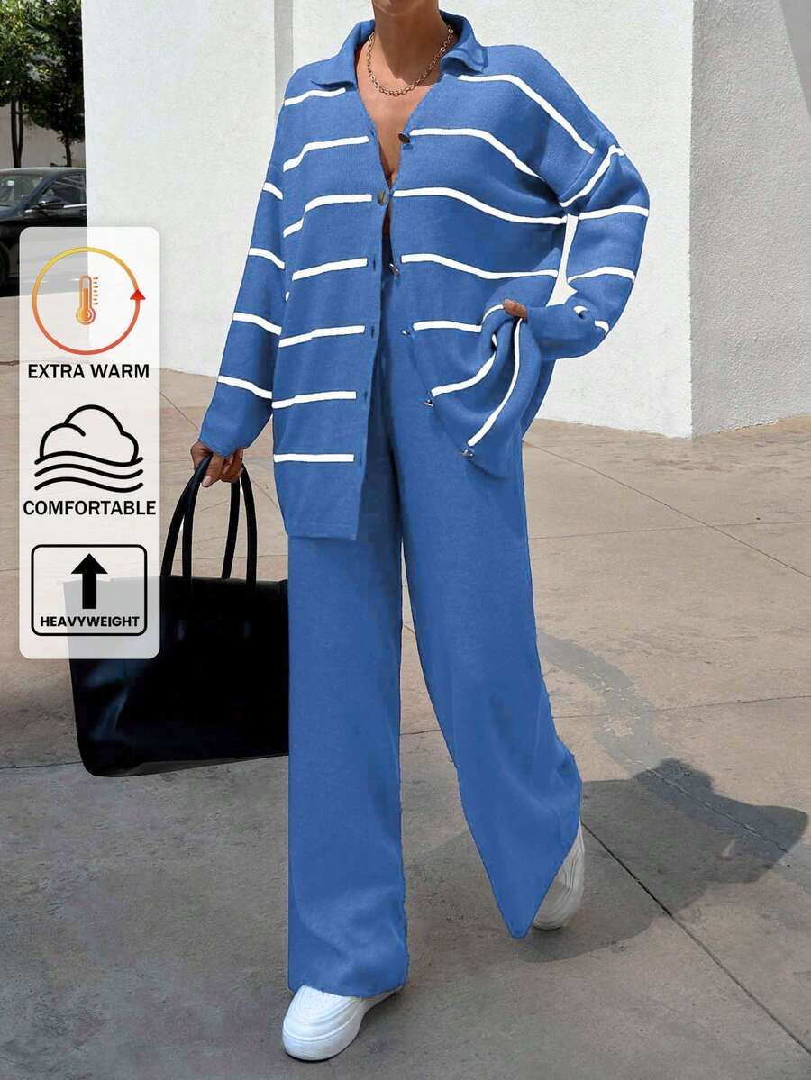 EURMUSE Women Striped Sweater Cardigan And Pant Set - Royal Blue - View 1