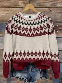 SHEIN LUNE Casual Minimalist Fair Isle Geometric Red Jacquard Print Pattern Crew Neck Loose Fit Women Sweatshirt, Suitable For Autumn/Winter, Christmas