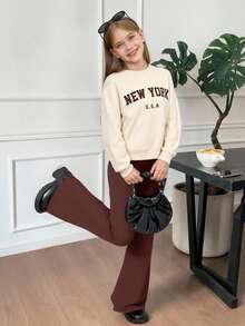 SHEIN 2 Stücke/Set Tween Mädchen Oversized Lässig Einfarbig Khaki Buchstaben Muster Langarm Sweatshirt und weite Hose 2 Stücke Set, Rückkehr zur Schule
