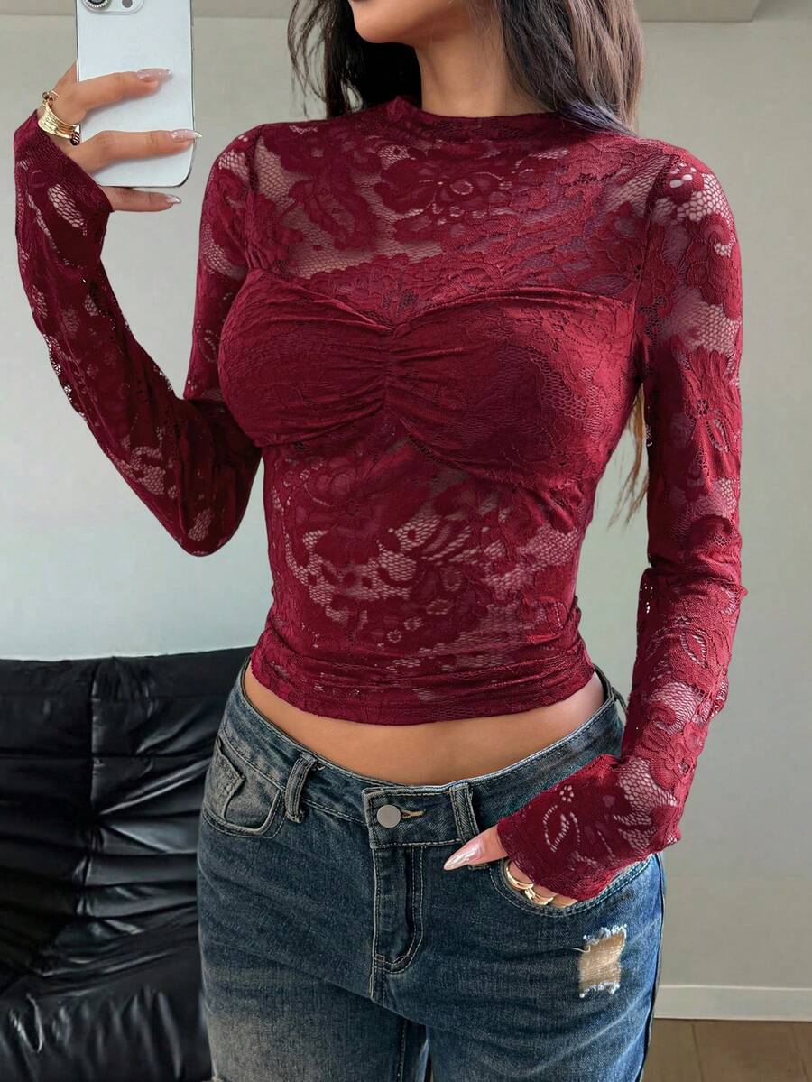 Zielony Almamuse 女士 Y2k 千禧性感可爱优雅假蕾丝嬉皮风透视上衣两件套,时尚百搭,适合所有季节,与校园女生和街头时尚达人风格一致,波西米亚风女装秋冬新年感恩节派对婚礼优雅休闲奢华时尚休闲通勤商务办公日常休闲百搭气质都市教师职业装 - 紅色 - 查看 1