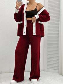 EURMUSE Ladies' Two Pieces Set Of Colorblock Cardigan With Rolled Edge And Drop Shoulder & Pants With Button Fly ,Petite Women - Burgundy - View 3