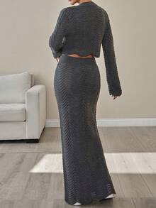 EURMUSE Women Round Neck Long Sleeve Sweater And Maxi Sweater Skirt Slim Fit Grey Color 2pcs Two Pieces Set - Grey - View 3