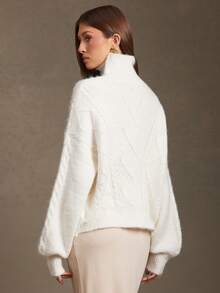 L'Amorae Women Cable Knit Sweater With Front Cut Out Fall - White - View 2