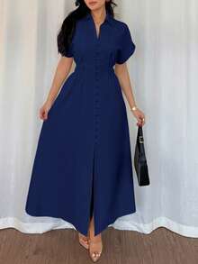 Rafferiza 女式休闲衬衫裙，前襟纽扣，插肩袖，收腰设计 - 寶藍色 - 查看 5