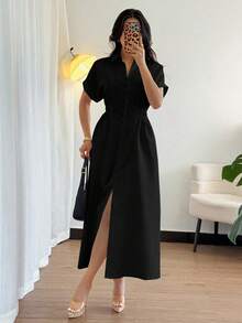 Rafferiza Women's Casual Shirt Dress With Button Front, Raglan Sleeves And Waist Cinching - Black - View 6