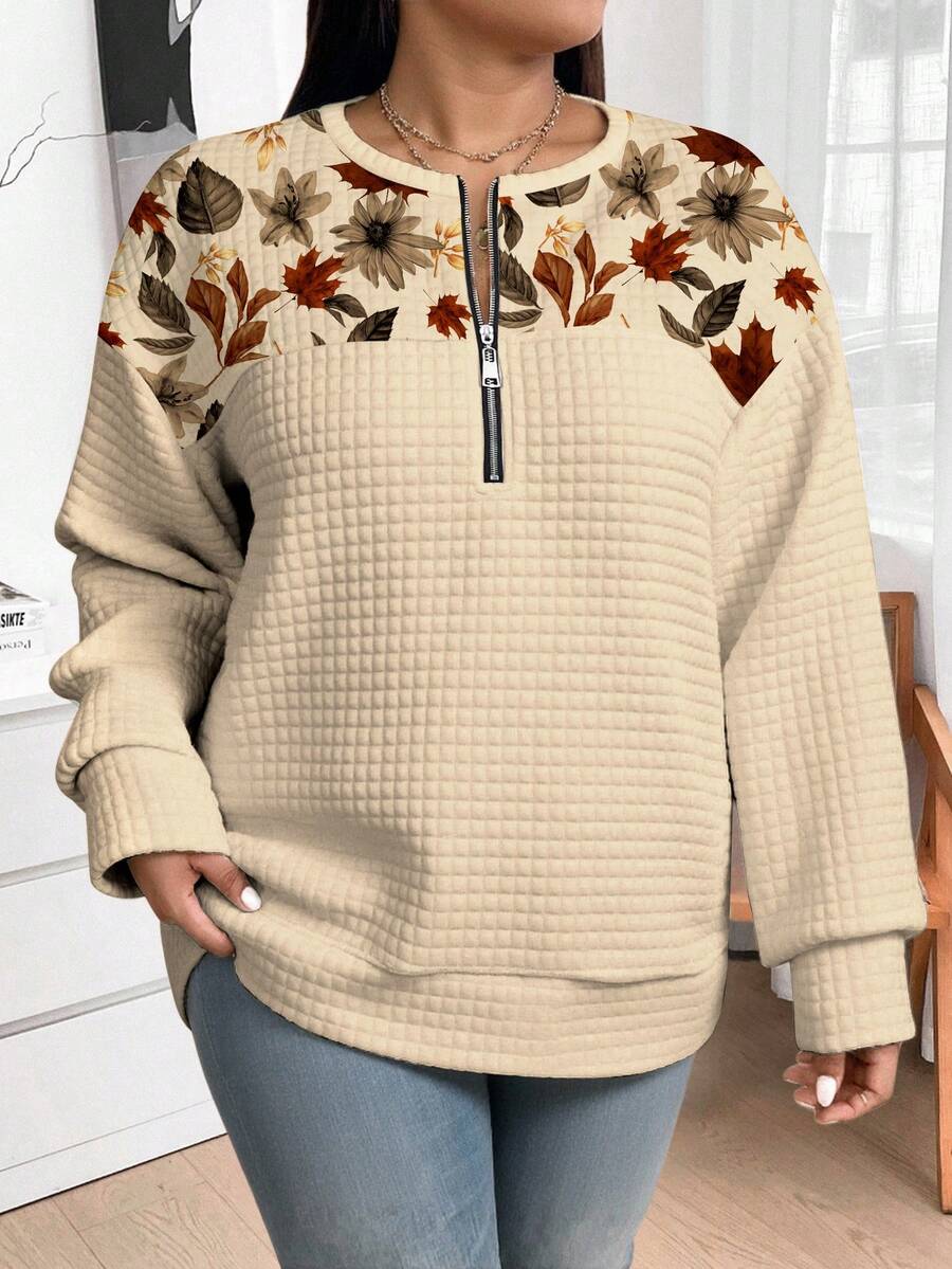 SHEIN LUNE 感恩节树叶印花休闲宽松半拉链卫衣，加大码，适合秋冬季 - 彩色 - 查看 1