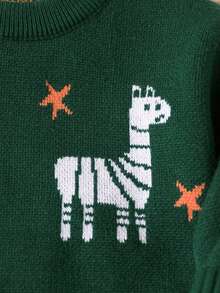 SHEIN Playful Pals Baby Boys' Dark Green Lion & Giraffe Jacquard Knit Sweater,Cute Autumn Matching Family Pullover,Soft Casual Holiday Jumper For Christmas & Halloween - Green - View 6