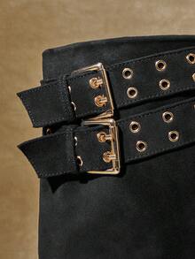 SHUZIA Sepatu Bot Wanita Seksi dengan Hiasan Gesper, Ujung Lancip, Hak Stiletto, Bahan Suede Imitasi, Panjang Setengah Betis - Hitam - View 6