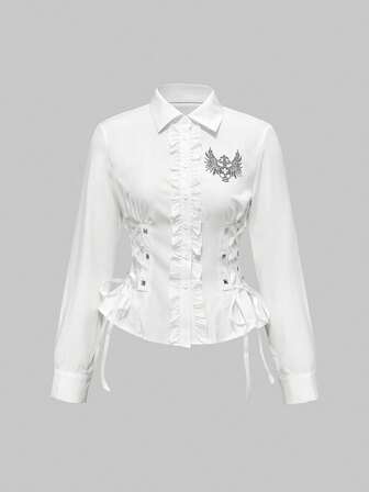 Grunge Punk Camisa de manga larga elástica para mujer con calavera de strass, estilo subcultura punk Y2K negro skinny