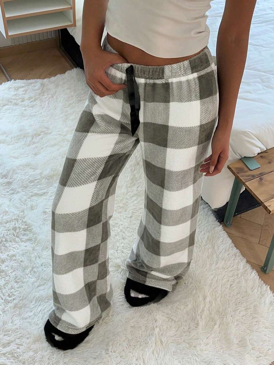 SHEIN EZwear Women's Tie-Waist Fluffy Plaid Print Casual Wide Leg Baggy Pants Comfy Pants Checkered Pants Pajama Pants Gingham Pants Plaid Pants Loungewear,Fall,Fall Clothes For Women - Grey - View 1