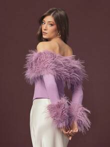 L'Amorae Women's Off Shoulder Furry Fitted Sexy Top - Dusty Pink - View 2