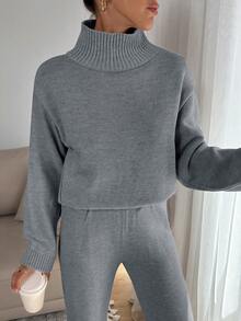EURMUSE Women Relaxed Fit Turtle-Neck Sweater With Rib Knit Detailed And Straight Knit Pant Set - Grey - View 7
