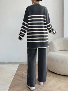 EURMUSE Women Stripe Pattern Button Detailed Round Neck Drop Shoulder Pullover & Sweater Pants Set - Dark Grey - View 2