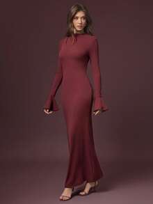 L'Amorae Damen Pullover-Strick-Kleid mit Rückenausschnitt und Stehkragen, gemütlich für Feiertage und Lässig Abende - Rot - Übersicht 2