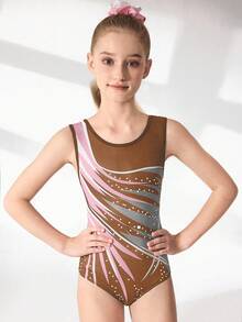 SHEIN Tween Girls Printed Stretchy Sleeveless Leotard, Multicolor, Suitable For Gymnastics, Sports Competitions, Daily Training, Vibrant Print, Comfortable Athletic Wear