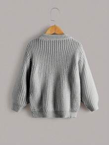 SHEIN 年轻女孩和年轻女孩毛衣，优雅可爱的粗针织不对称下摆纽扣饰边套头衫，柔软高品质休闲百搭毛衣，适合上学、外出、秋冬 - 灰色 - 查看 2