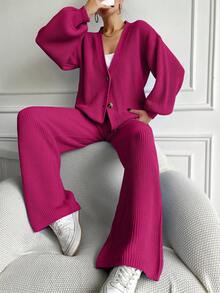 EURMUSE 2pcs Women Sweater Set, Solid Color Cardigan And Knit Pants,Petite,Winter Clothes - Hot Pink - View 3