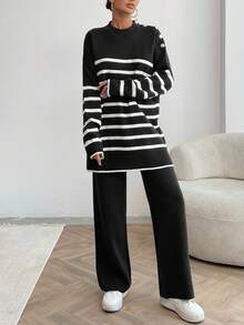 EURMUSE Women Stripe Pattern Button Detailed Round Neck Drop Shoulder Pullover & Sweater Pants Set - Black - View 7