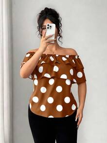 Elenzga Blusa de hombros descubiertos con volantes en capas y estampado de lunares clásico para mujer de talla grande - Marrón - Ver 8