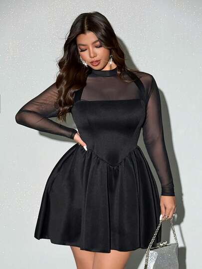 Viva Relle 大码性感纯色网眼拼布透视长袖连衣裙