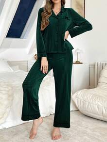 SHEIN Bow Decor Solid Color Women Fluffy Cozy Pajama Set, Winter Clothes - Dark Green - View 3