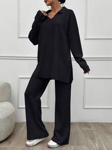 SHEIN Tall 2 قطعة/مجموعة ملابس بلون موحد مع كنزة بياقة مطوية وبنطال طويل، للنساء الطويلات - الأسود - مشاهدة 5