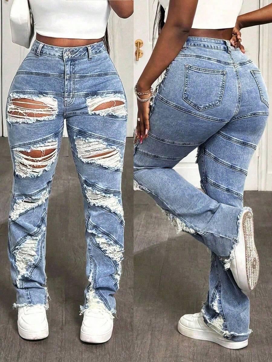 SHEIN SXY 加大码女式牛仔风格破洞秋季 Y2K 宽松破洞牛仔牛仔裤 - 淺色水洗藍 - 查看 1