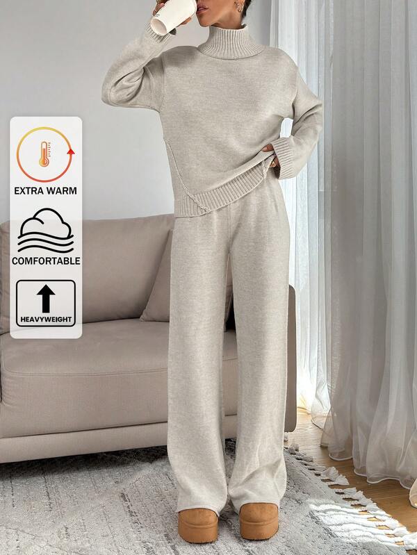 Damski sweter o luźnym kroju z golfem i ściągaczami. Zestaw spodni ze szczegółową i prostą dzianiną