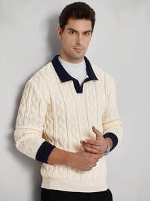 Manfinity CasualKnits Men's Casual Contrast Collar Dropped Shoulder Loose Pullover Sweater, Suitable For Daily Commute, Autumn/Winter - White - View 3