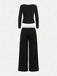 SHEIN Set de 2 piezas: Camiseta de manga larga de color negro sólido y pantalón de chándal de color contrastante para adolescentes, conjunto básico y versátil adecuado para ir al trabajo, la escuela, uso diario casual, viajes, actividades al aire libre, fiestas, otoño/invierno