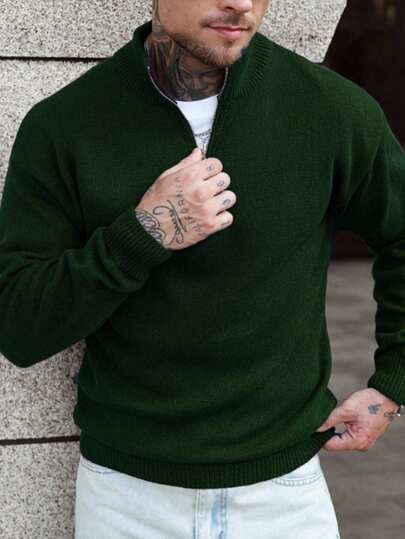 Manfinity Homme Men's Solid Color Casual Drop Shoulder Long Sleeve Quarter Zip Knit Sweater, Fall/Winter Turtle Neck Men Mens Pullover Sweater Mock Neck Men