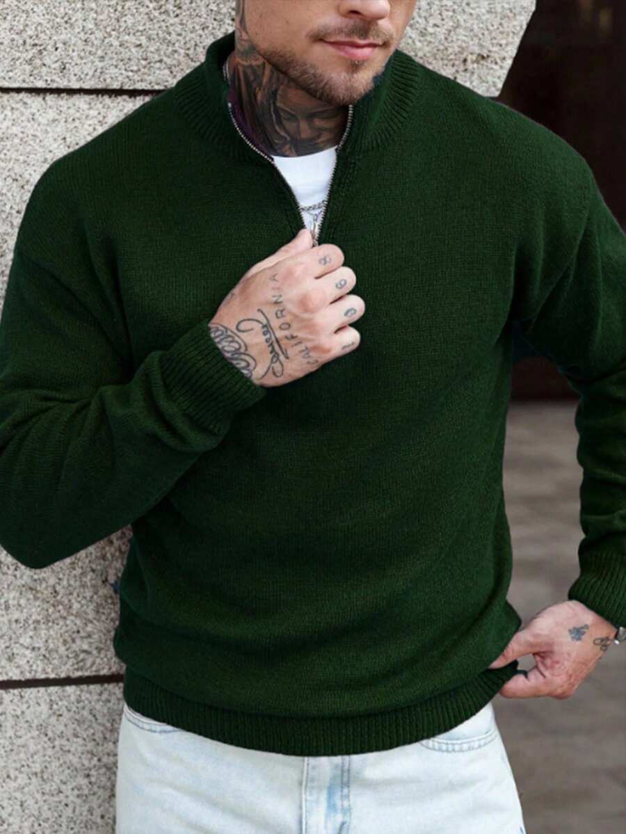 Manfinity Homme 男士纯色休闲落肩长袖四分之一拉链针织衫，秋冬高领男士套头毛衣 - 綠色 - 查看 1
