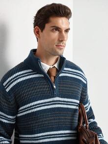 Manfinity Homme Áo khoác cardigan nam dáng dài cổ kéo khóa nửa thân, phối sọc tương phản, thích hợp mặc đi làm, mùa thu/đông. Áo len nam cổ kéo khóa nửa thân, áo polo nam dệt kim kẻ sọc. - Màu xanh lam - Xem 2
