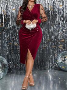 SHEIN Clasi Plus Size Elegant Contrast Color Mesh Patchwork Wrap Dress, Autumn, For Christmas, Thanksgiving Maxi Women Outfit - Burgundy - View 7