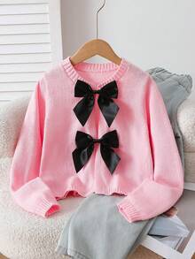 SHEIN 時尚手工蝴蝶結針織開襟衫，長袖少女粉色針織毛衣，粉色蝴蝶結針織上衣，女孩蝴蝶結開襟衫，幼兒女童蝴蝶結針織毛衣，女孩蝴蝶結毛衣，可愛開襟衫，女童毛衣，開襟衫，少女開襟衫，鈕扣女童 S 春秋套裝，女童毛衣外套，少女開襟衫，小女孩開襟衫，少女開襟衫，鈕扣兒童開襟衫 - 粉色 - 查看 3