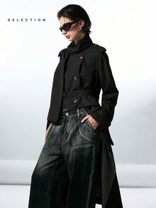 LYSMO 女士休闲双排扣纯色风衣，秋季女士未来主义时尚前卫风 - 黑色 - 查看 5