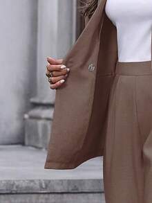 EMERY ROSE 女士纯色翻领长袖时尚百搭套装，女士裤装西装外套套装，棕色裤装套装，女士两件套，女士商务休闲装 - 咖啡棕 - 查看 7