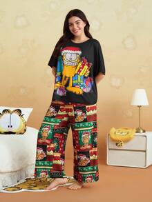 GARFIELD | SHEIN Plus Size Women Christmas Cartoon Pattern Drop Shoulder Loose Top And Wide Leg Pants Pajama Set - Black - View 4